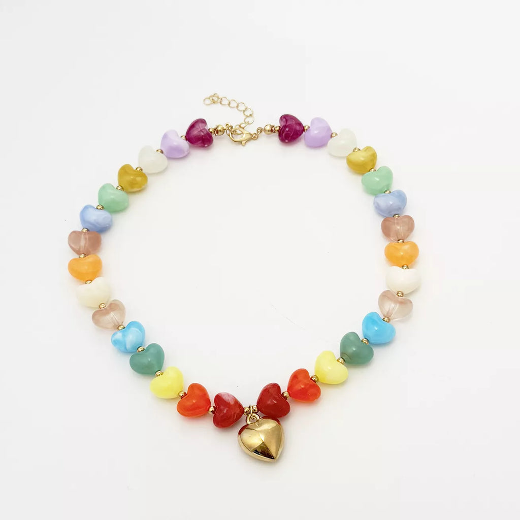 Colorful Heart Pendant Beaded Collarbone Necklace