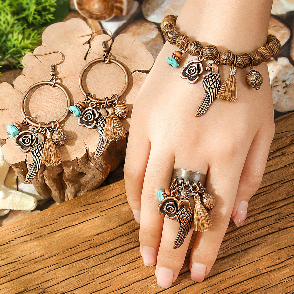 Bohemian Retro Leopard Print Personalized Jewelry Sweater Chain Design Bird Earrings Ring Bracelet Wholesale Yiwu