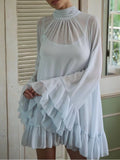 Sheer Mock Neck Flare Sleeve Dress