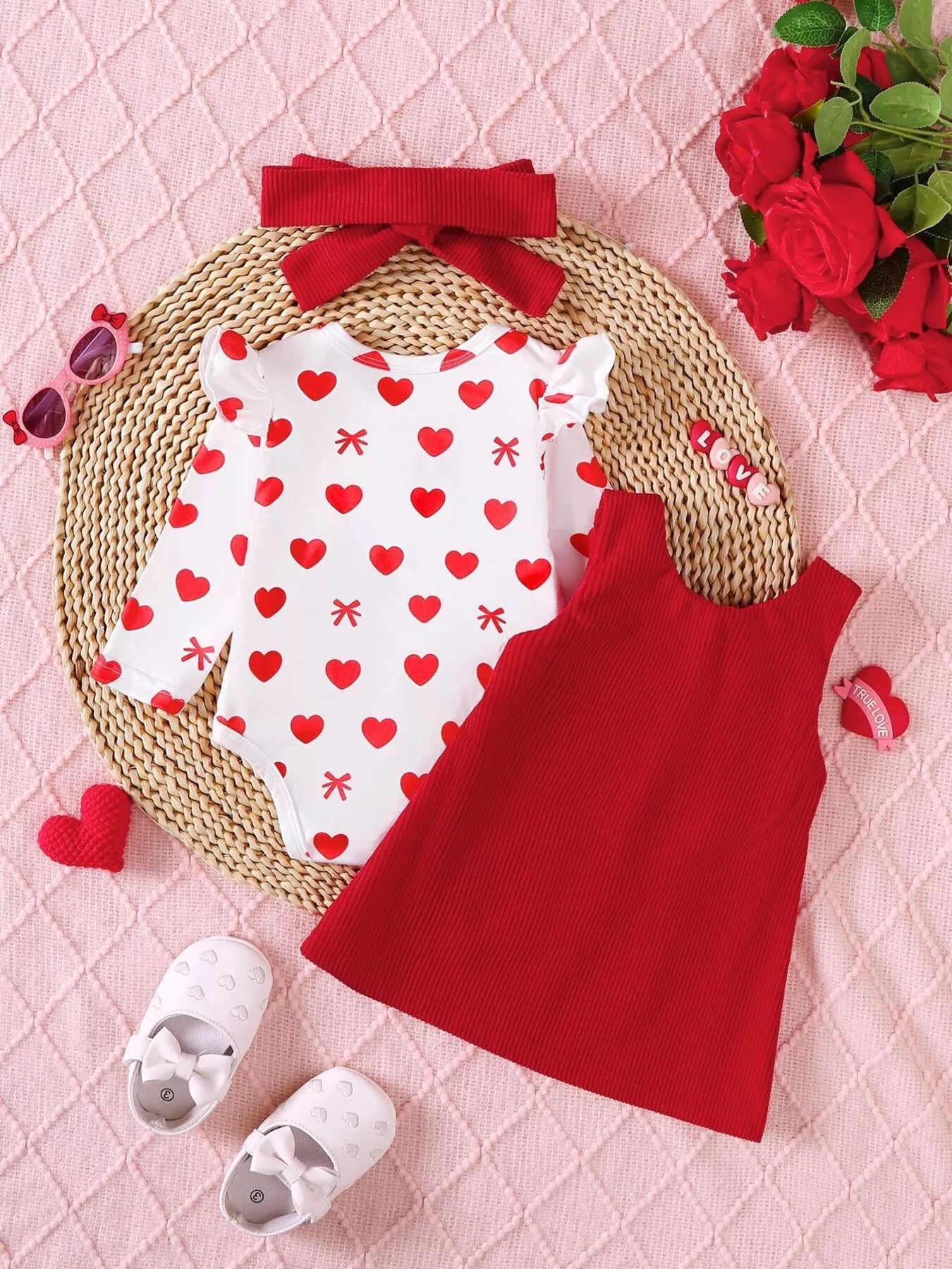 Children's Heart Print Bodysuit and Dress Outfit Set with Headband