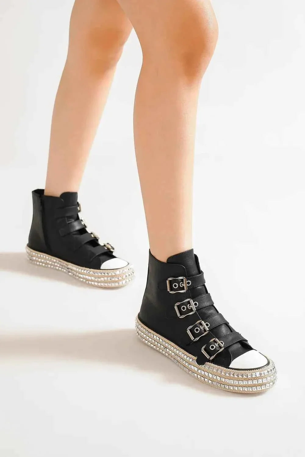 Multi-Buckle Studded Platform Sneakers
