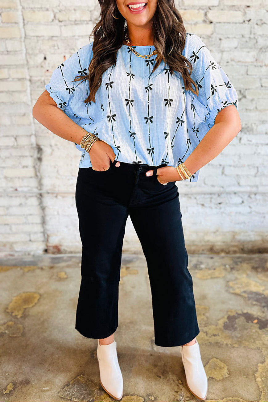 Bow Textured Short Puff Sleeve Top