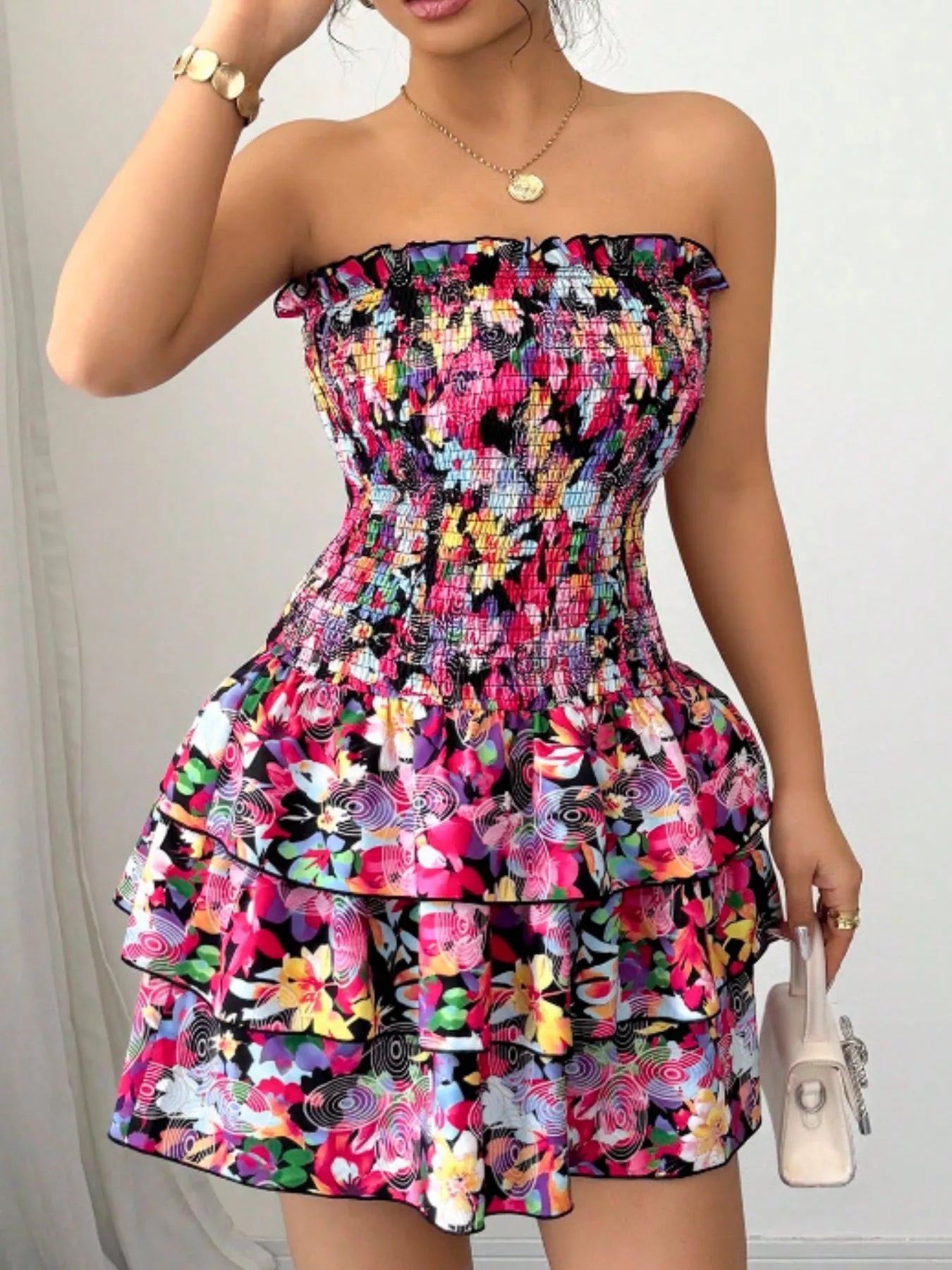 Strapless Smocked Floral Tiered Mini Dress