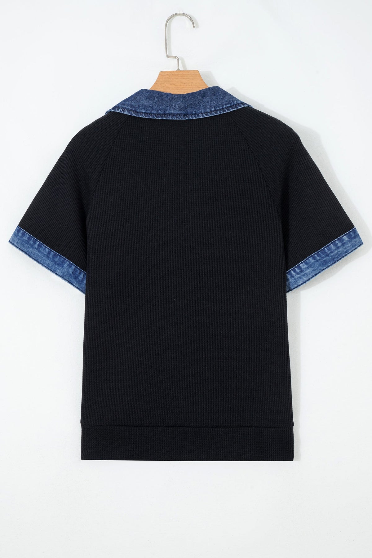 Denim Polo Collar Waffle Knit Patchwork Top