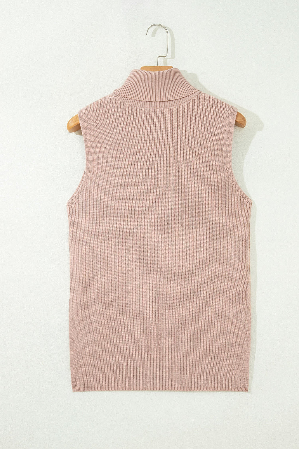 Light French Beige Sleeveless High Neck Knit Split Hem Shift Silhouette Wool Sweater Vest