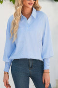 Striped Smocked Sleeve Collared Neck Blouse