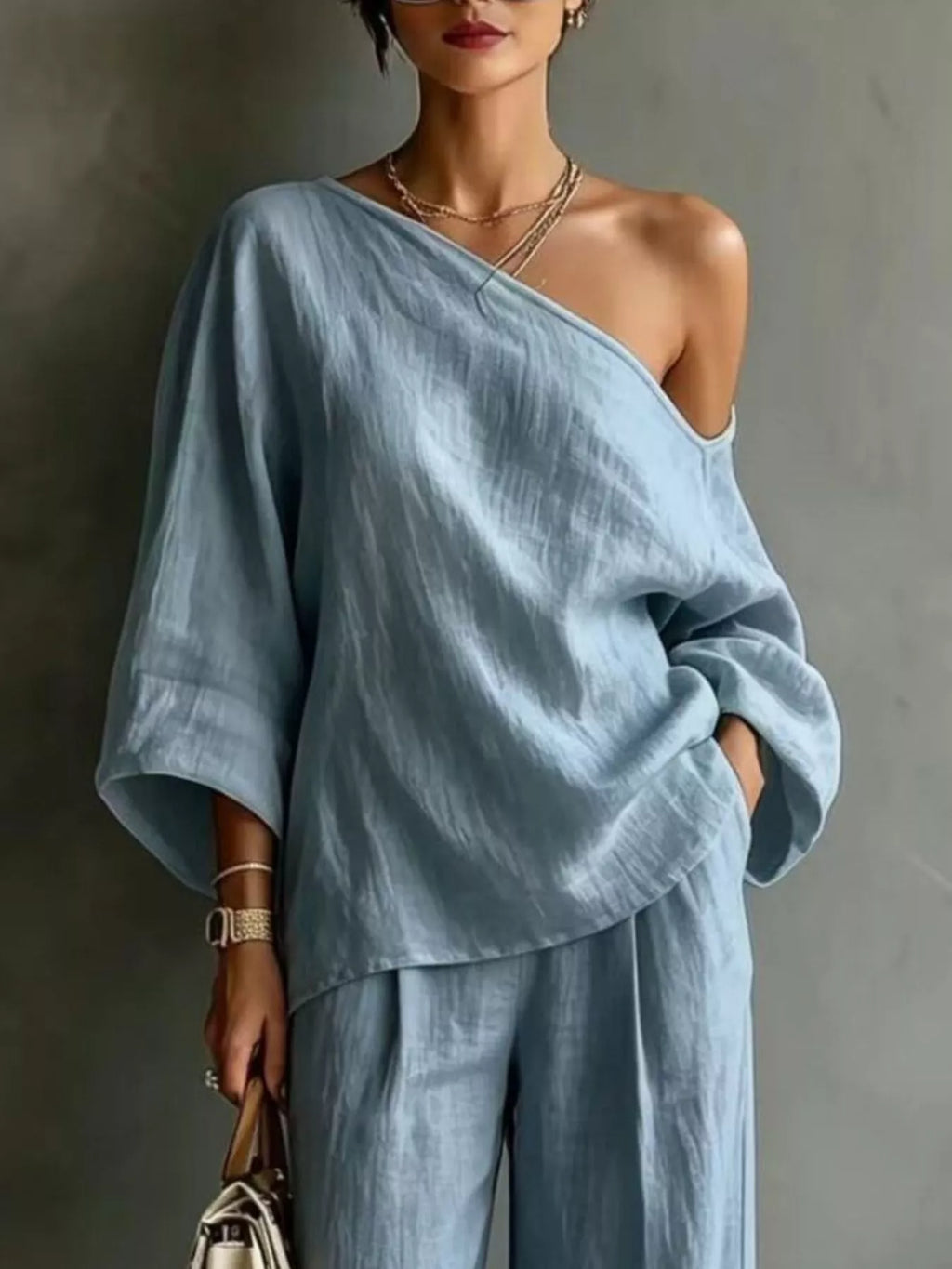One Shoulder Top and Wide Leg Pants Set