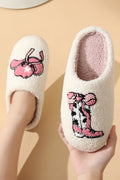 White Cowgirl Hat & Boot Printed Plush Thermal Home Slippers