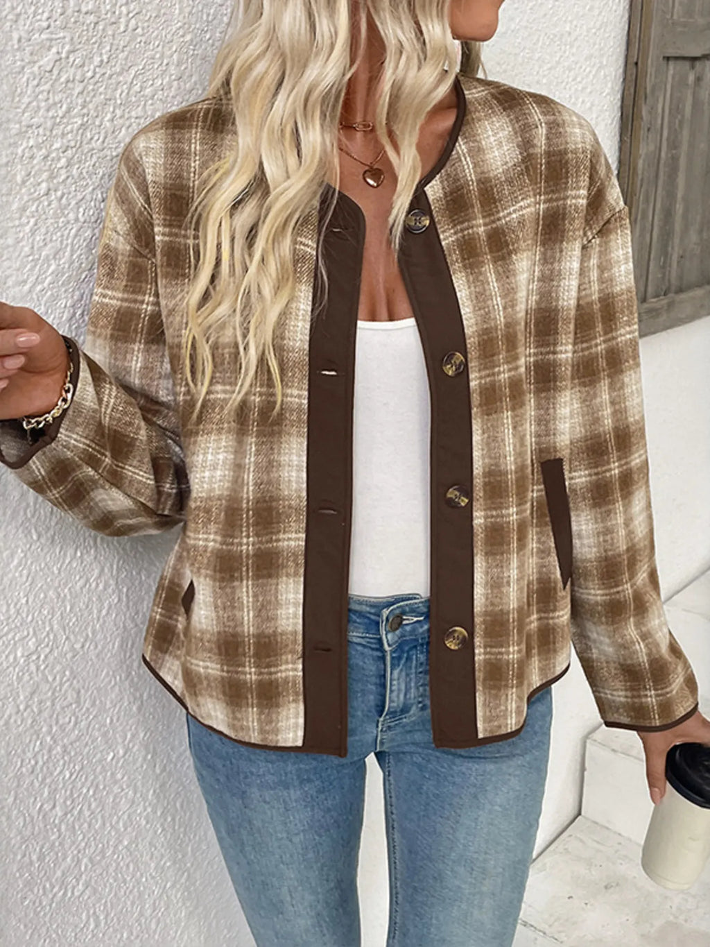 Unlined Plaid Button-Up Jacket with Chest Pockets