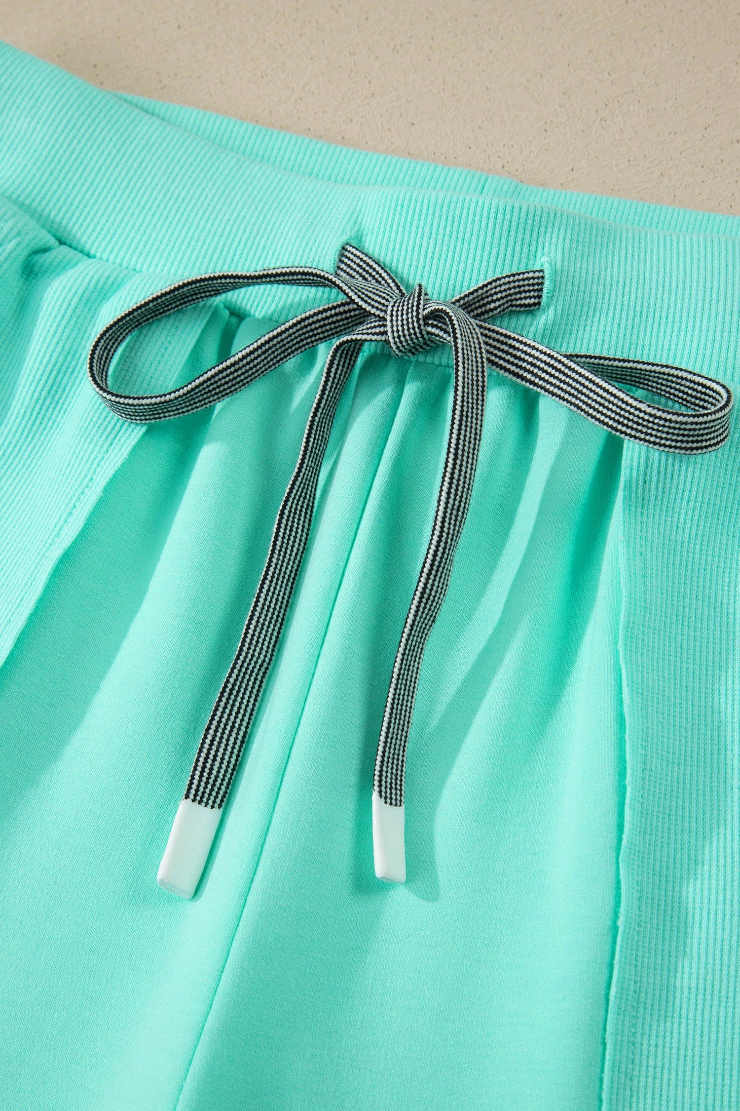 Mint Green V Neck Short Sleeve Top Drawstring Shorts 2pcs Set