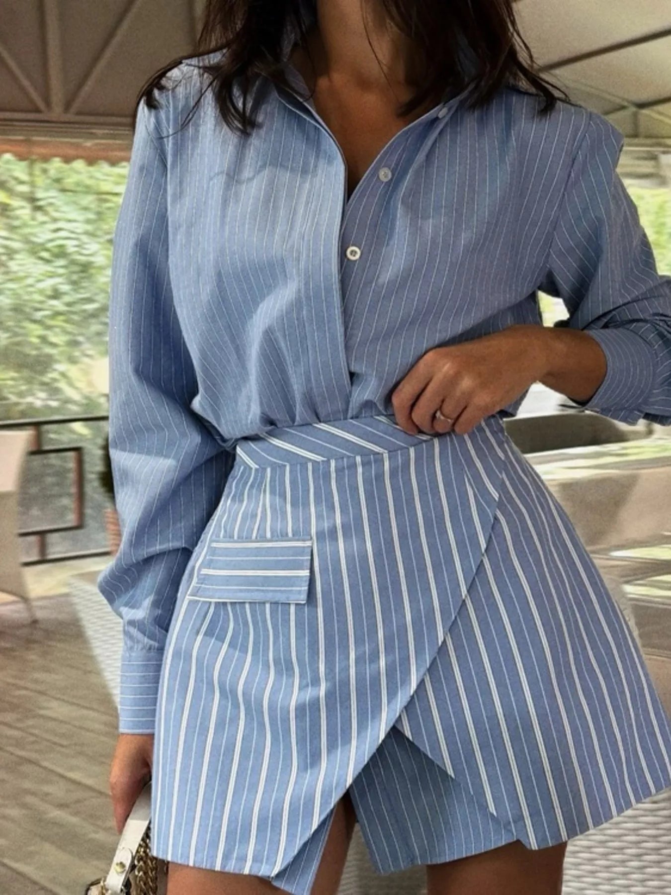 Striped Shirt and Asymmetrical Mini Skirt Set