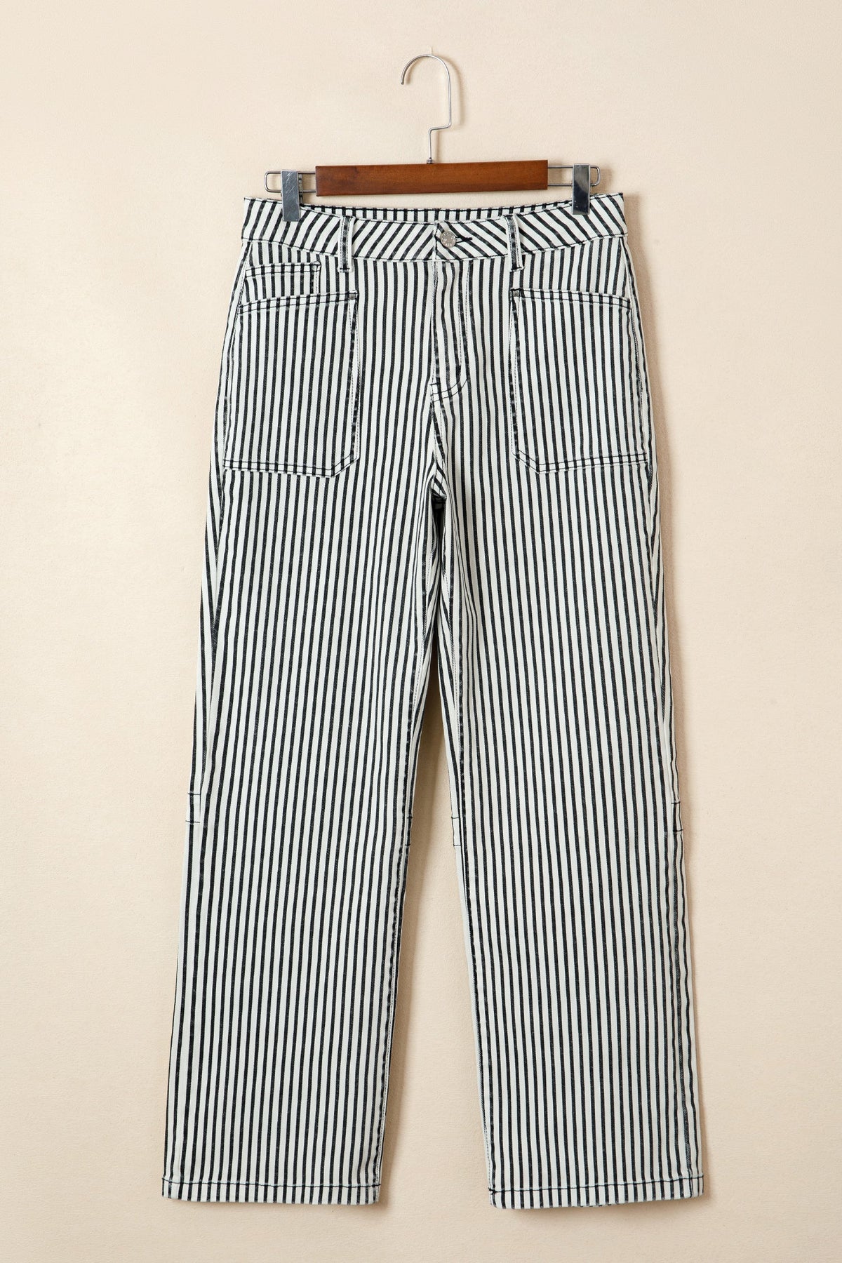 Stripe Denim High Waist Patch Pocket Jeans