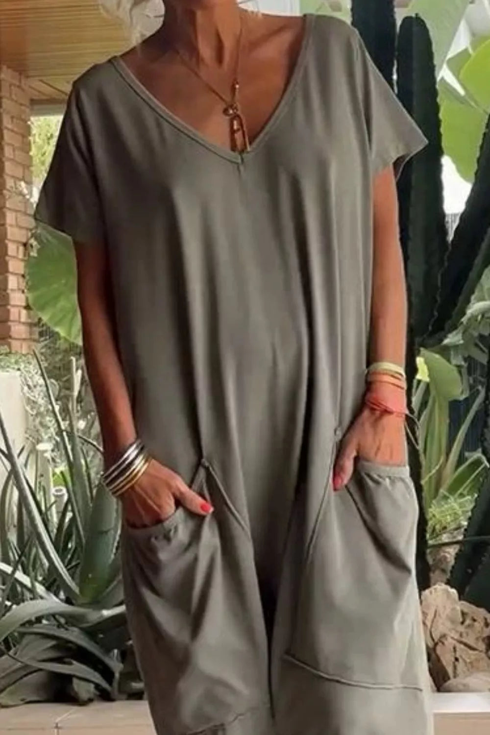 Full Size Casual V-Neck Short Sleeve Jumpsuit with Pockets Plus Size