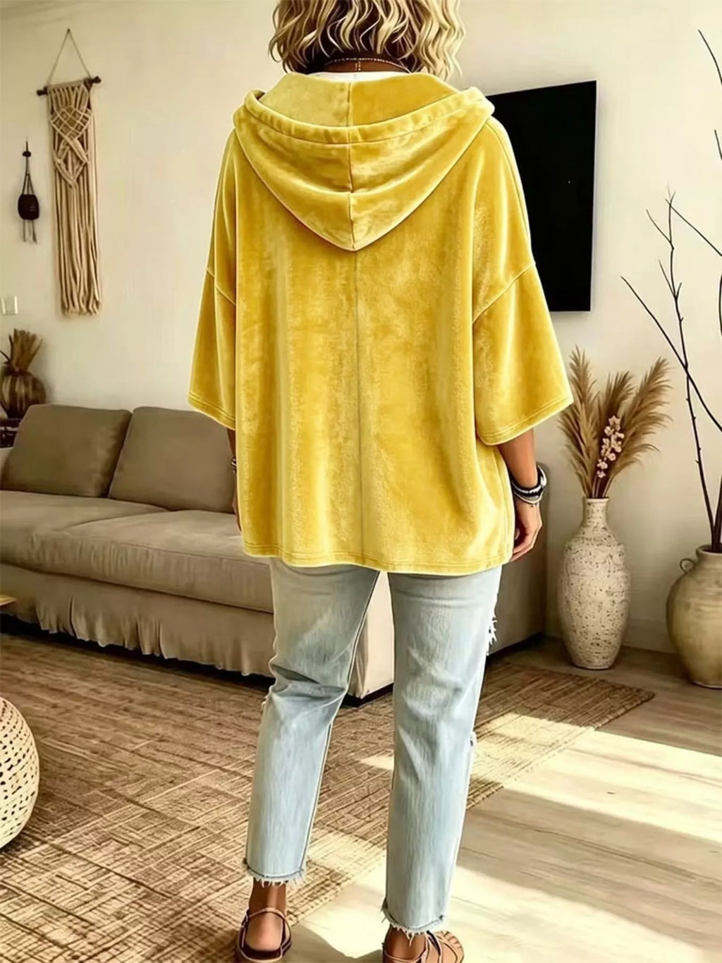 Full Size Velvet Button Detail Drawstring Hoodie Plus Size