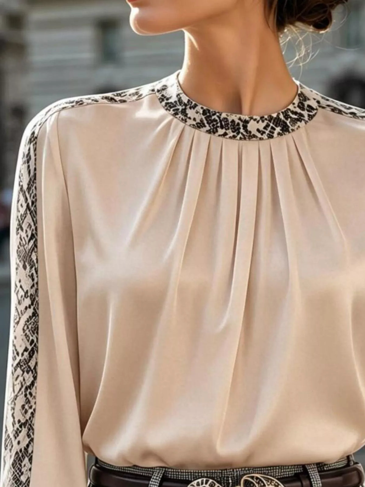 Snake Print Contrast Trim Satin Blouse