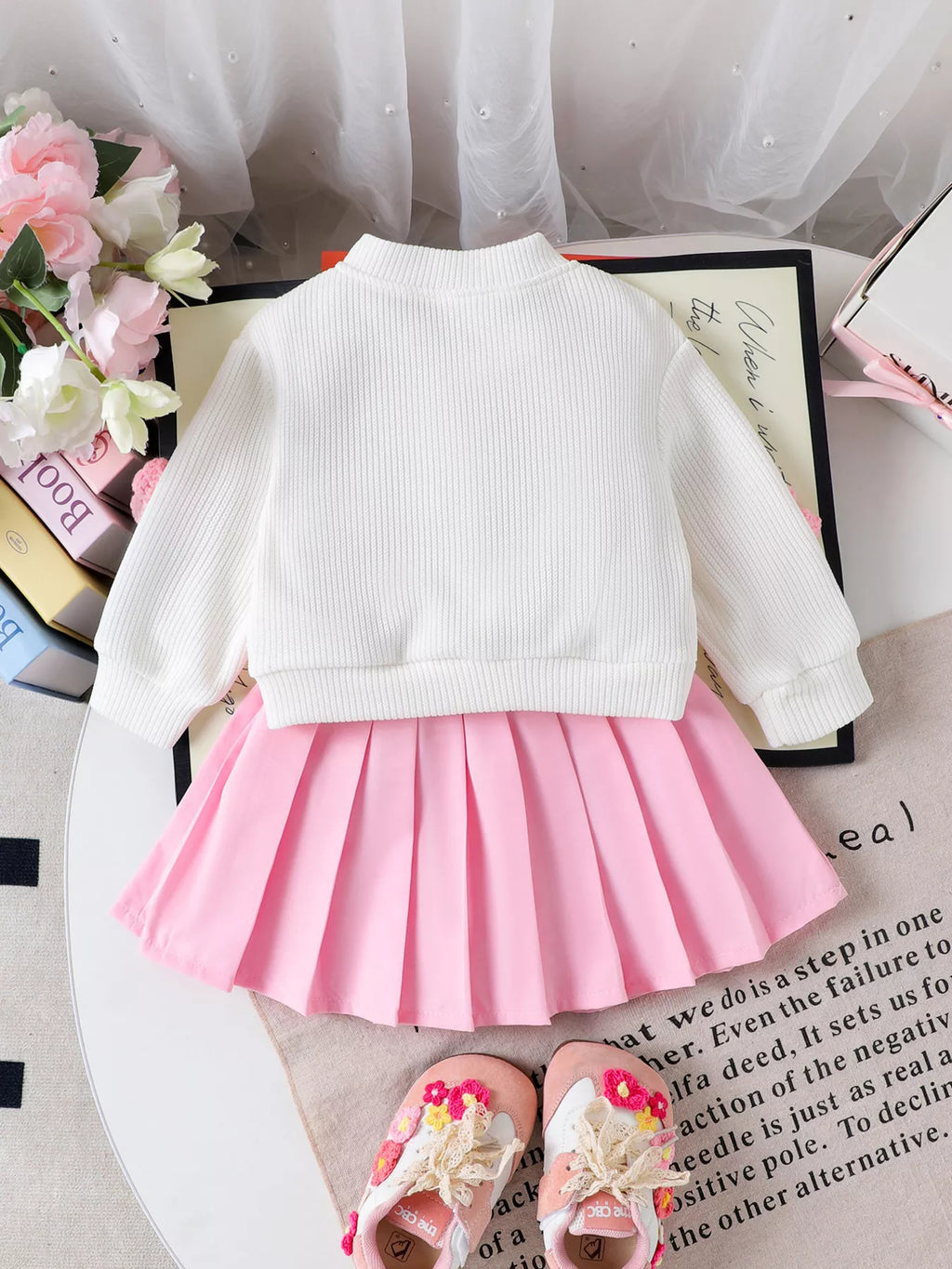Children's Bow Button Up Cardigan and Pleated Skirt Set