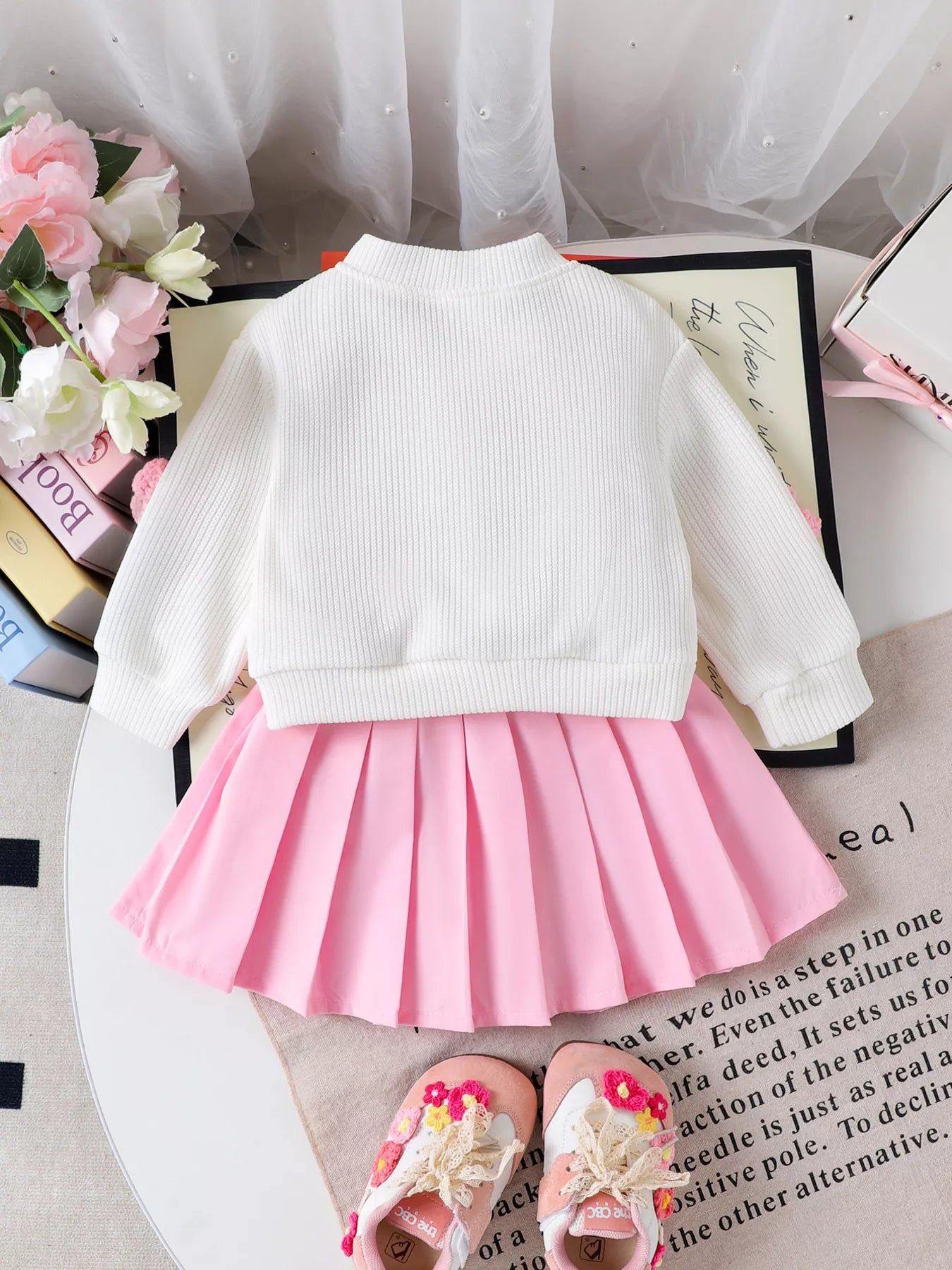 Children's Bow Button Up Cardigan and Pleated Skirt Set