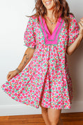 Floral Patchwork V-Neck Bubble Sleeve Mini Dress