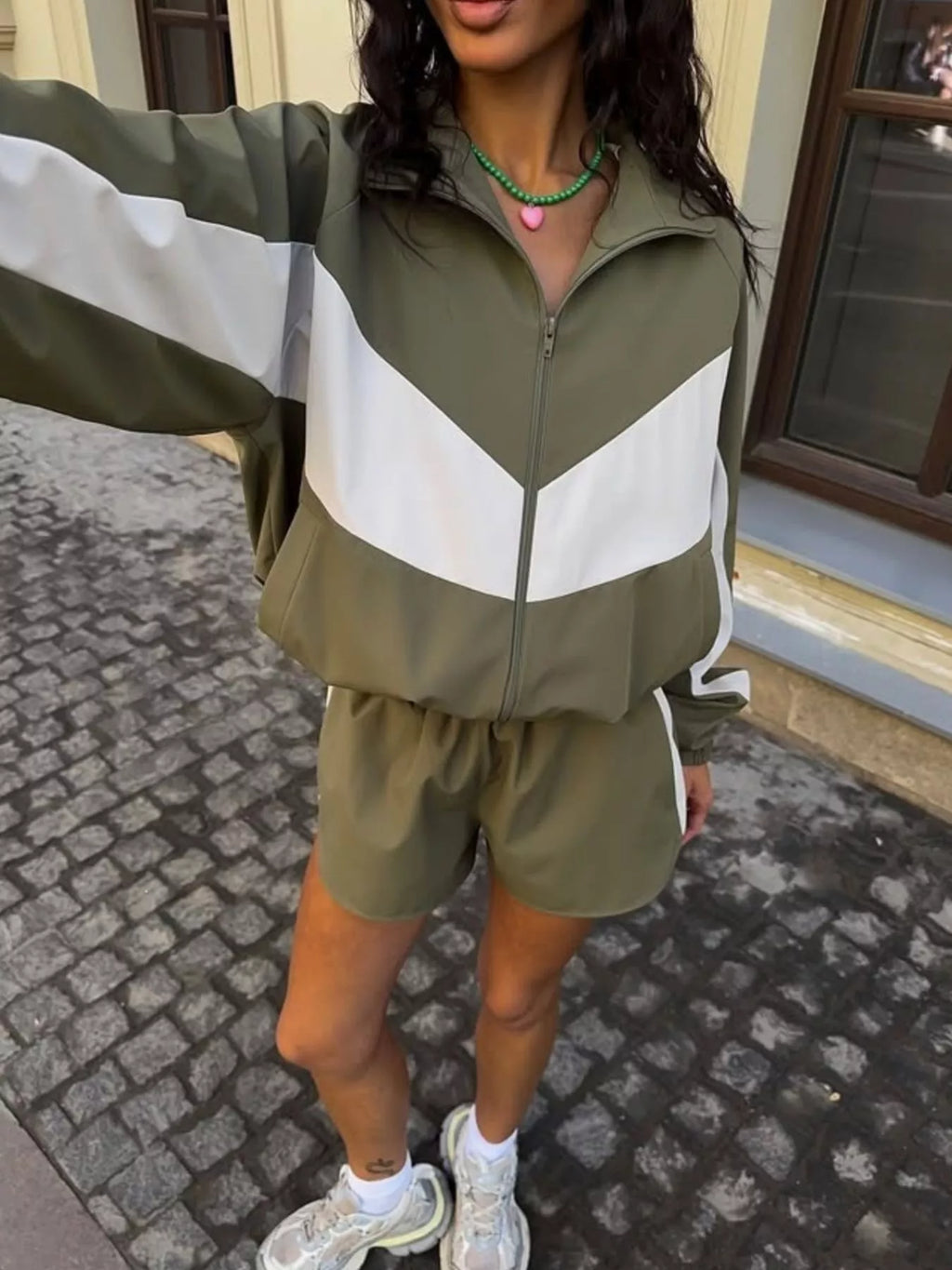 Color Block Zip Up Outerwear and Shorts Set
