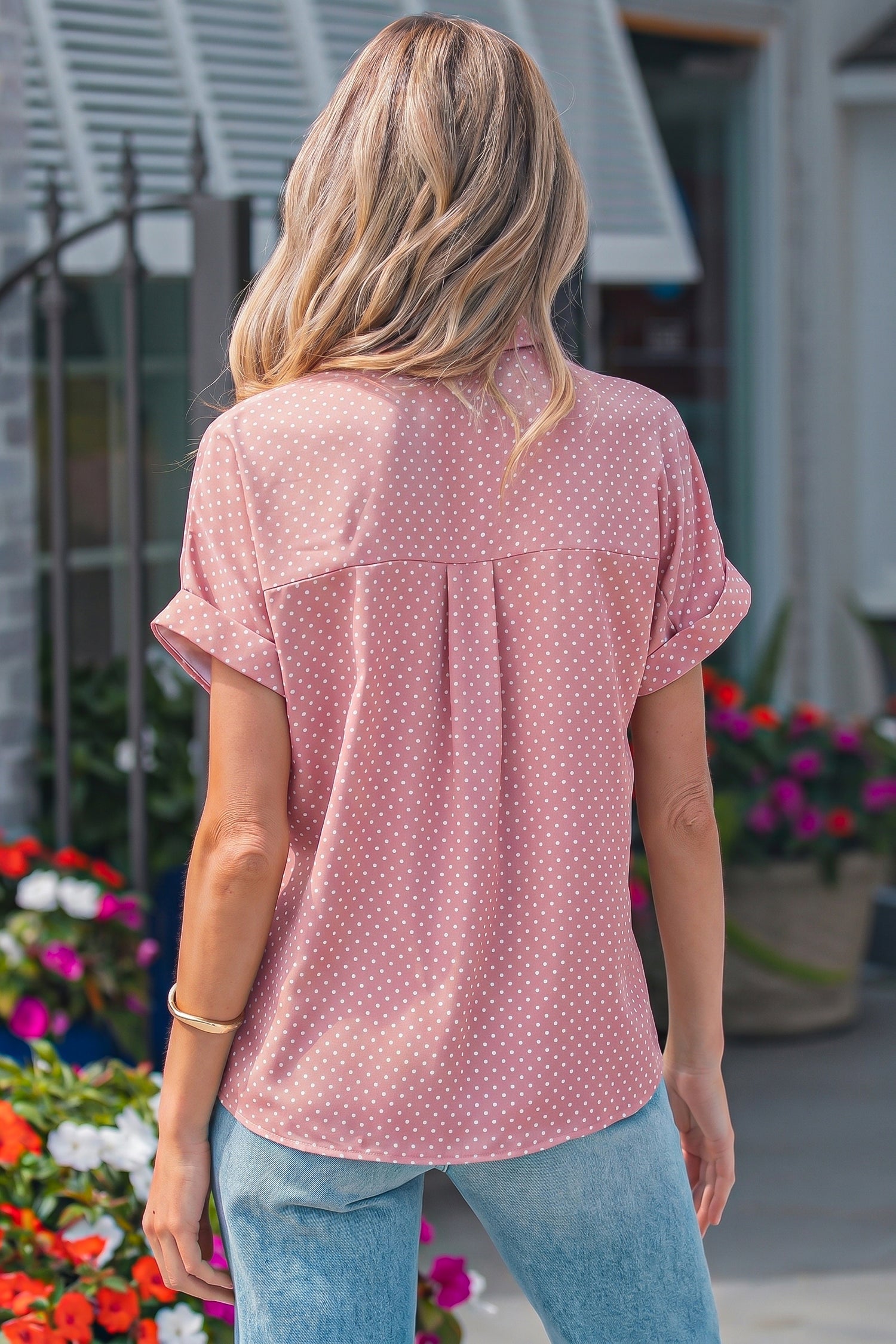 Pink Dotted Print Cuffed Short Sleeve Shirt