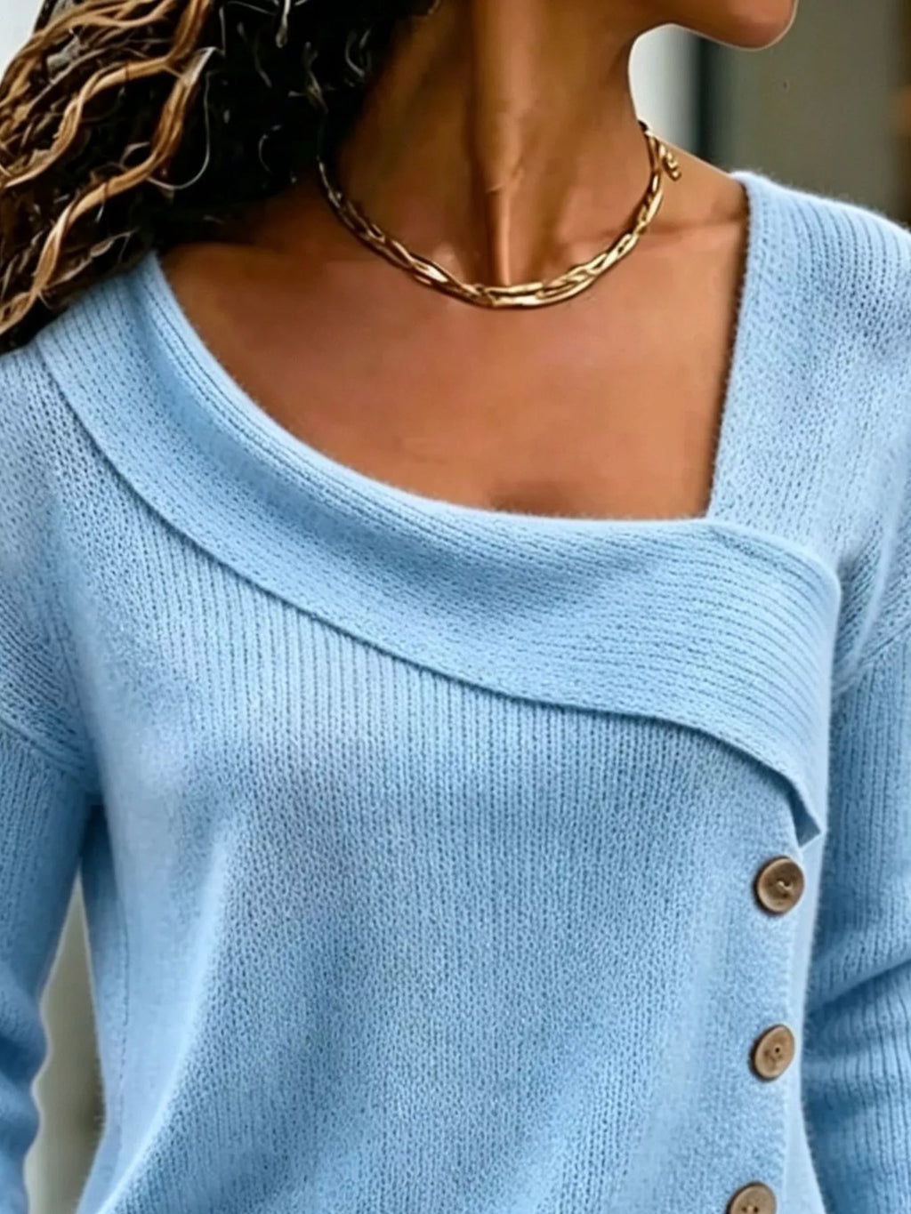 Full Size Asymmetrical Decor Button Sweater Plus Size