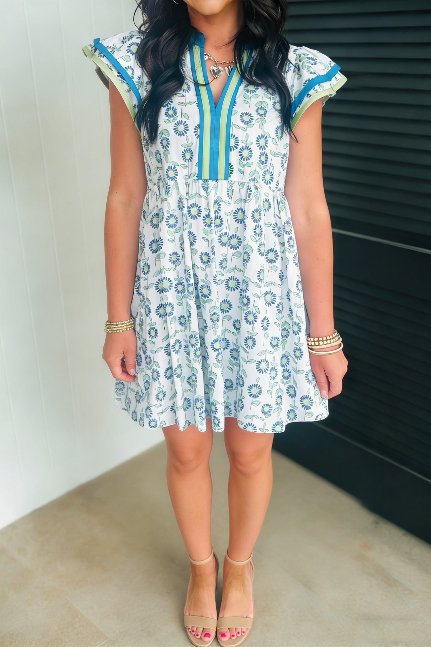 Sky Blue Floral Print Contrast Trim Flutter Sleeve Mini Dress