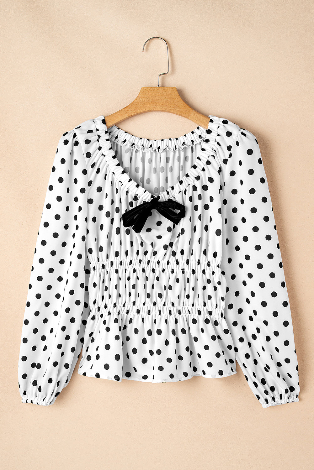 Polka Dot Bow Square Neck Puff Sleeve Top