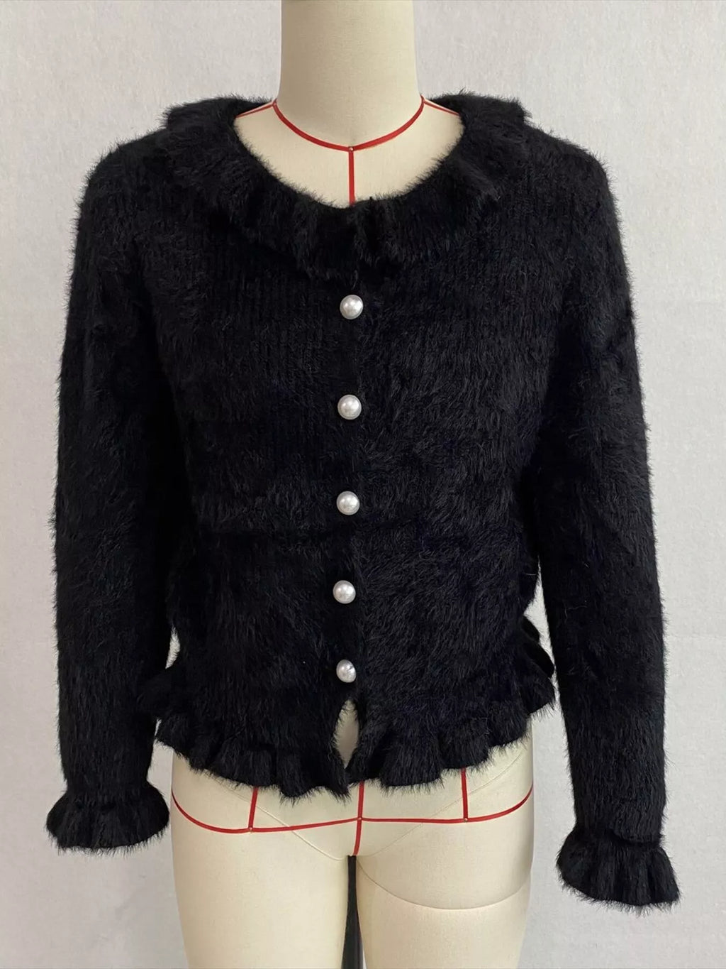 Soft Fuzzy Cardigan with Ruffled Collar and Pearl Buttons