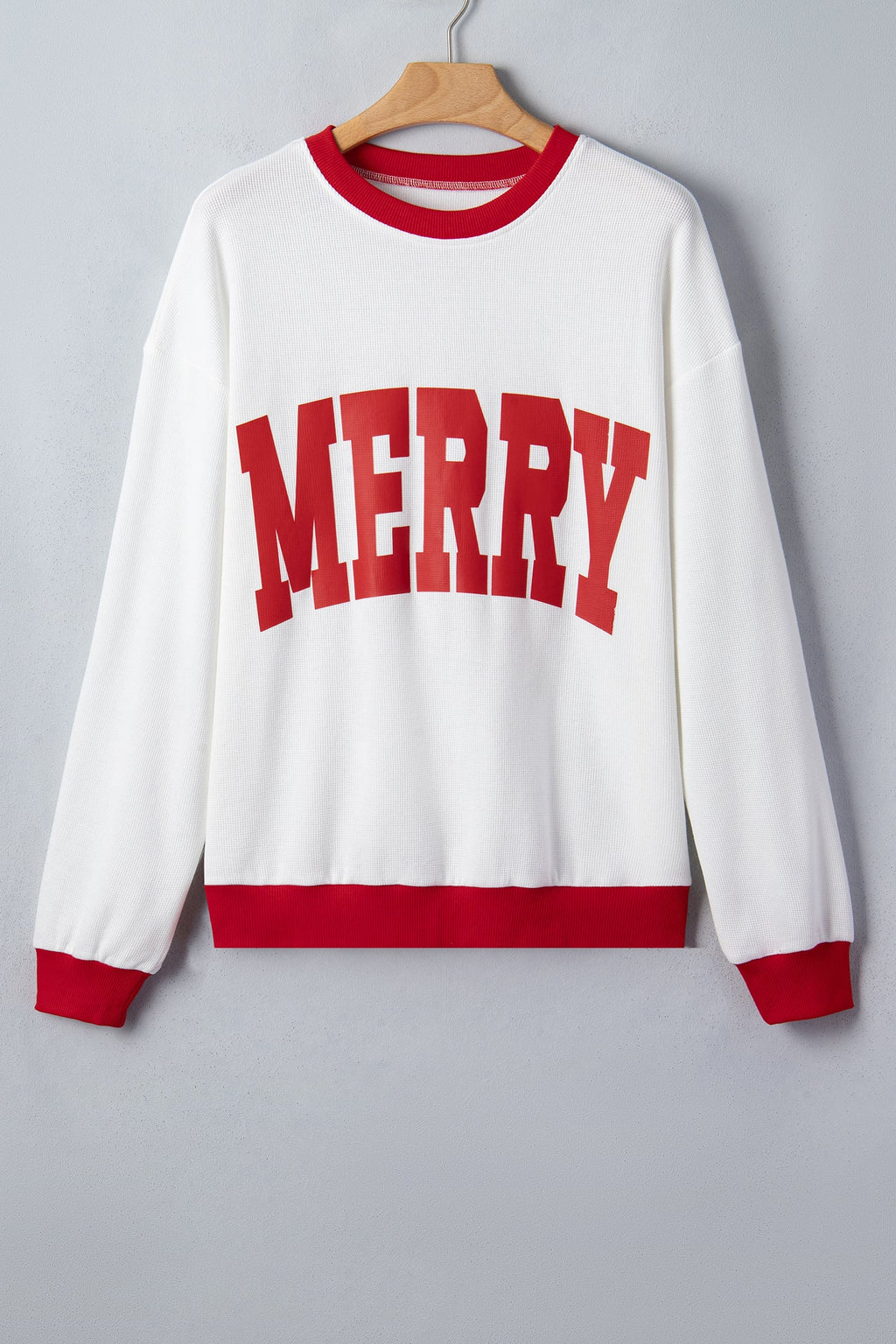 Beige Color Block Trim Merry Slogan Pullover Sweatshirt