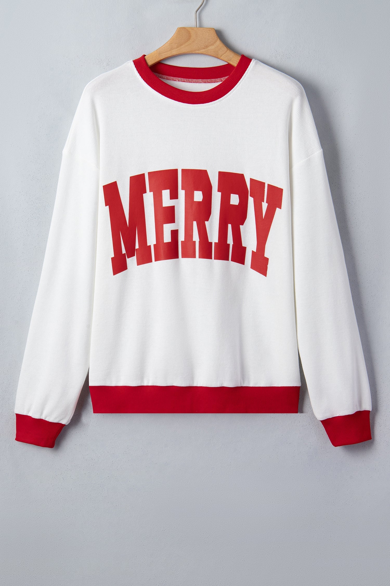 Beige Color Block Trim Merry Slogan Pullover Sweatshirt