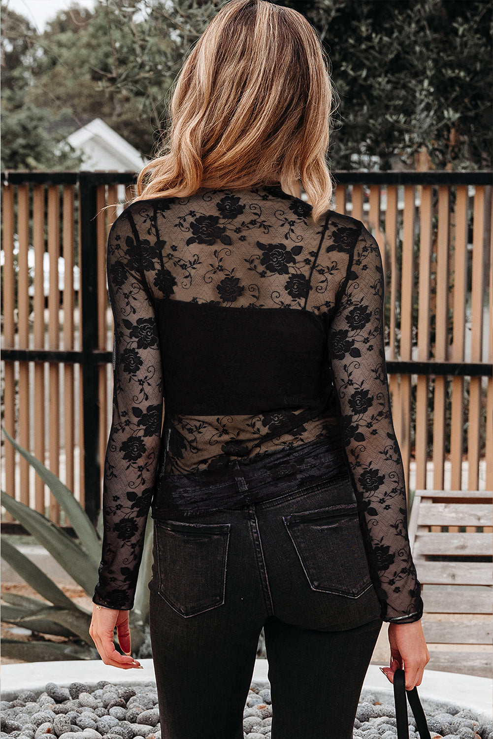 Floral Lace Sheer Mesh Long Sleeve Top