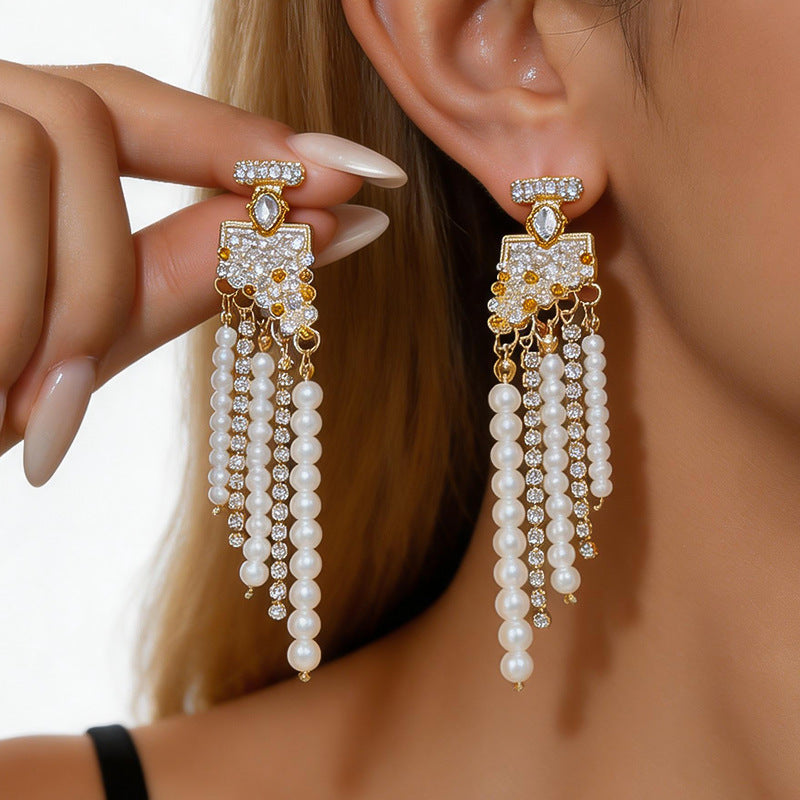 Womens Retro Ethnic Style Rhinestone And Pearl Tassel Stud Earrings,Costume Earrings For Daily Party Wear