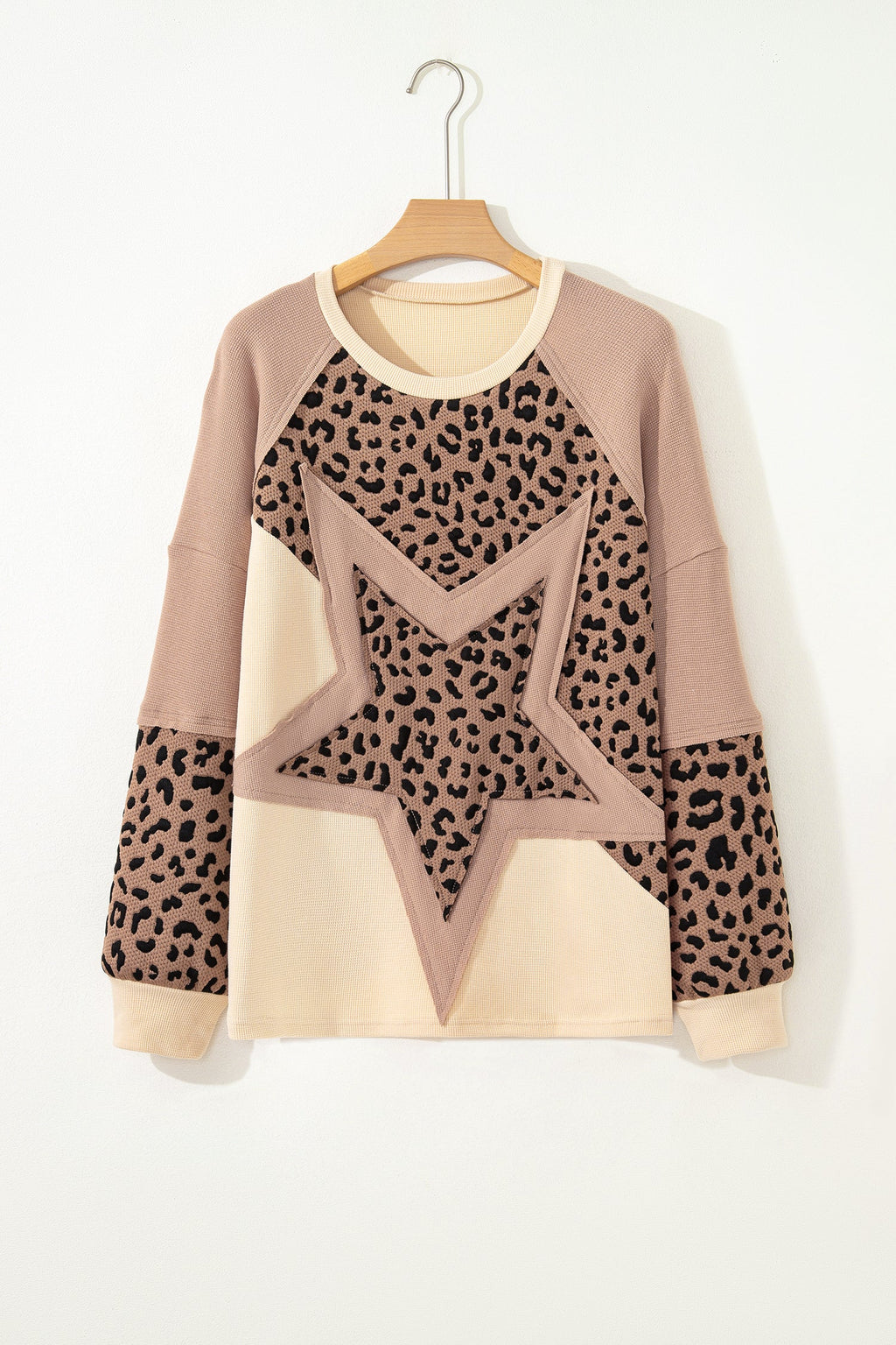 Light French Beige Leopard Star Color Block Patchwork Textured Baggy Sweatshirt