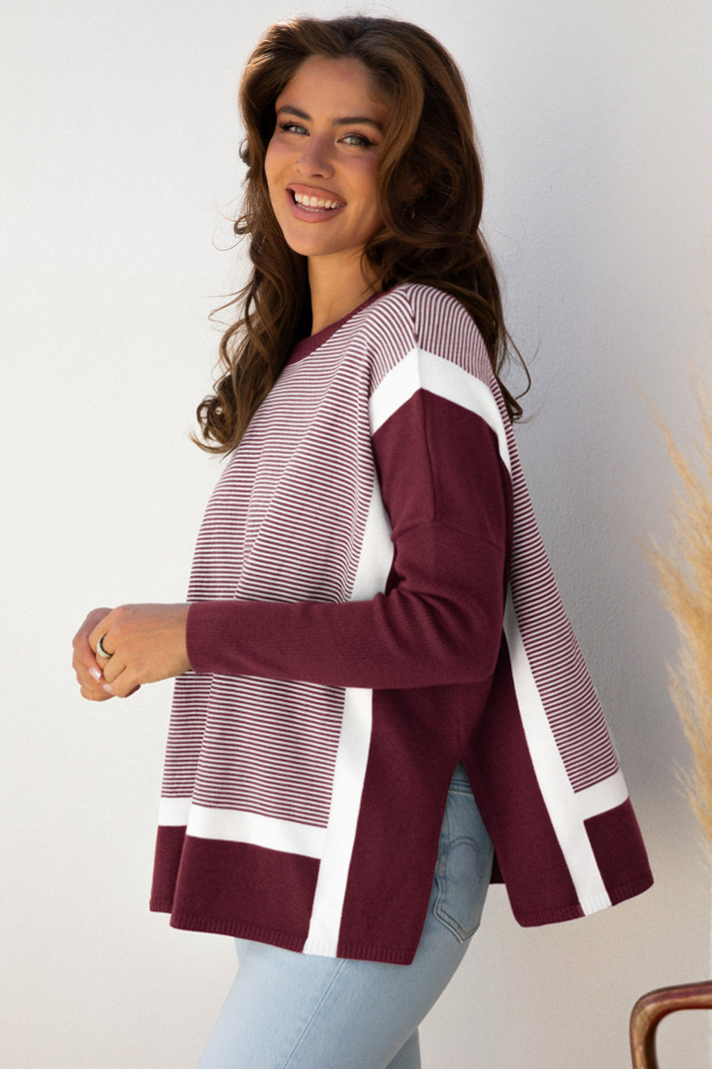 Stripe Colorblock Patchwork Dolman Sleeve Sweater
