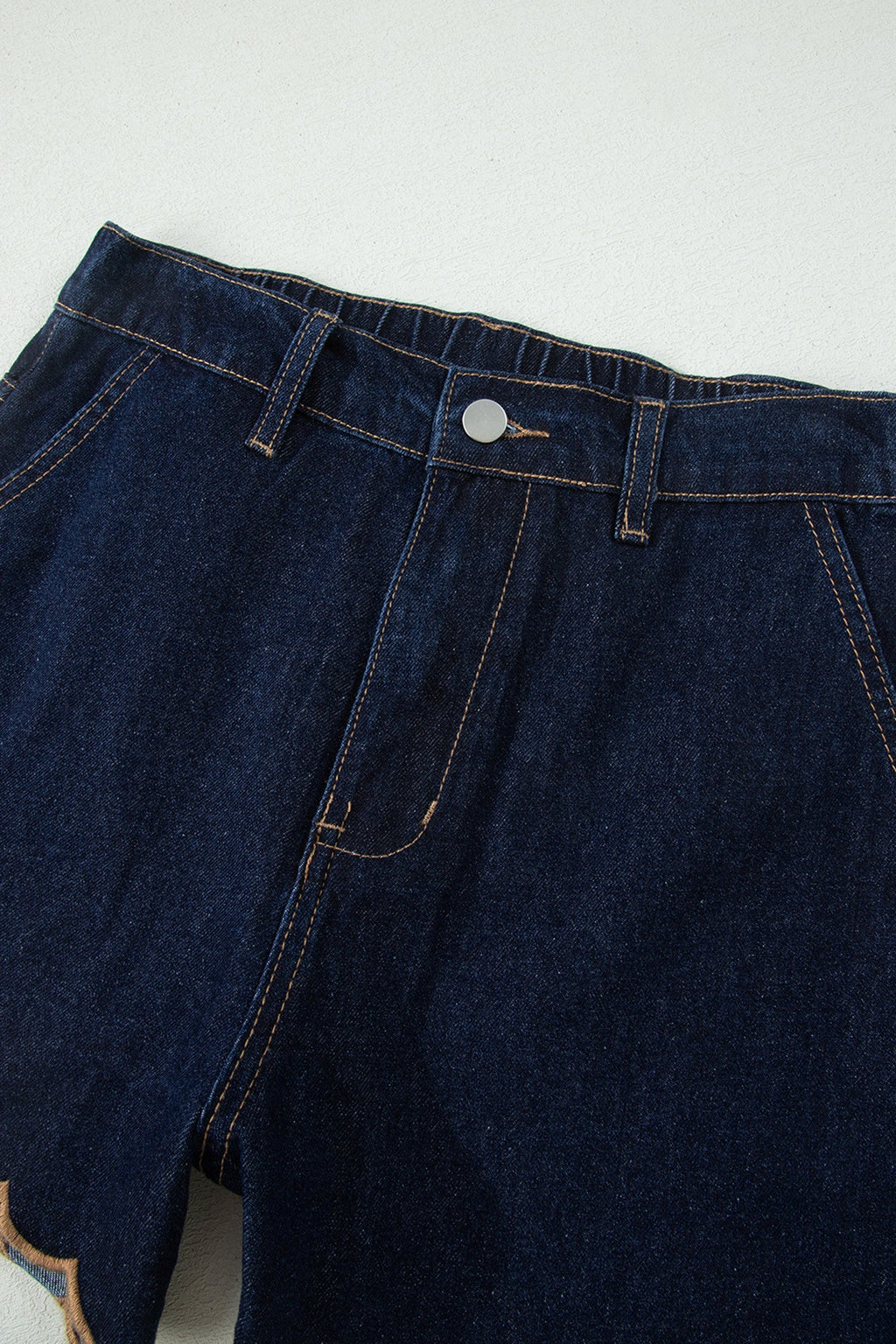Navy Blue Embroidered Scalloped Trim Relaxed Denim Shorts