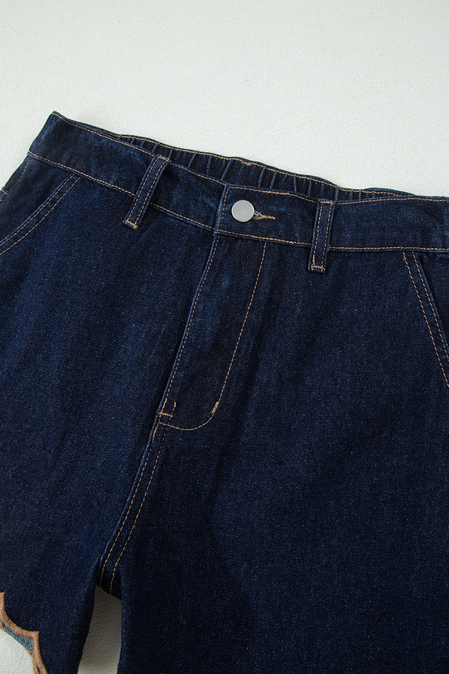 Navy Blue Embroidered Scalloped Trim Relaxed Denim Shorts