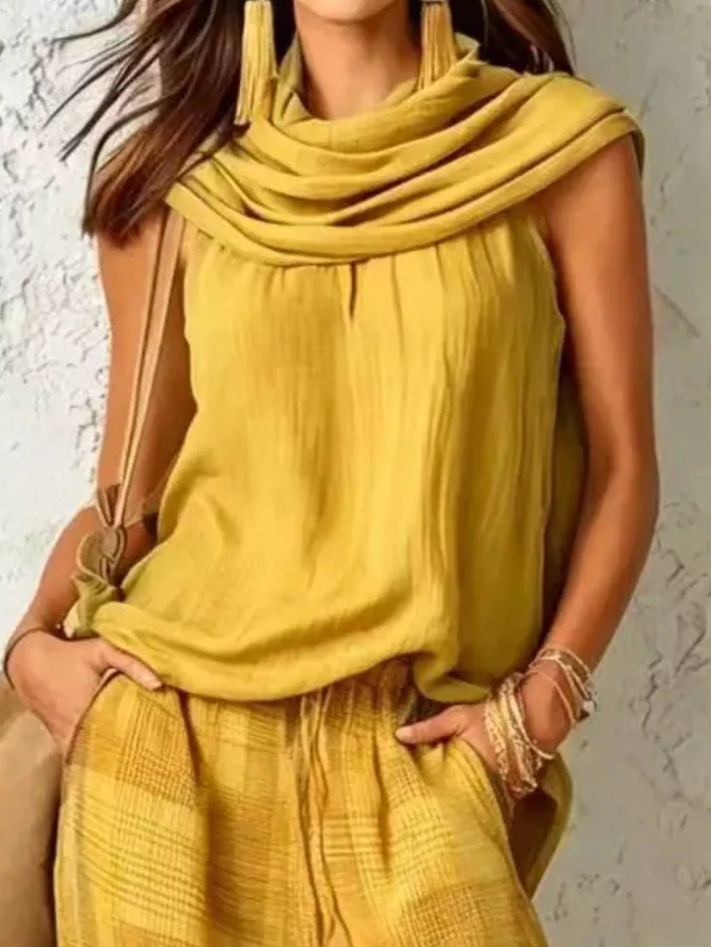 Full Size Sleeveless Cowl Neck Top and Plaid Wide-Leg Pant Two-Piece Set Plus Size