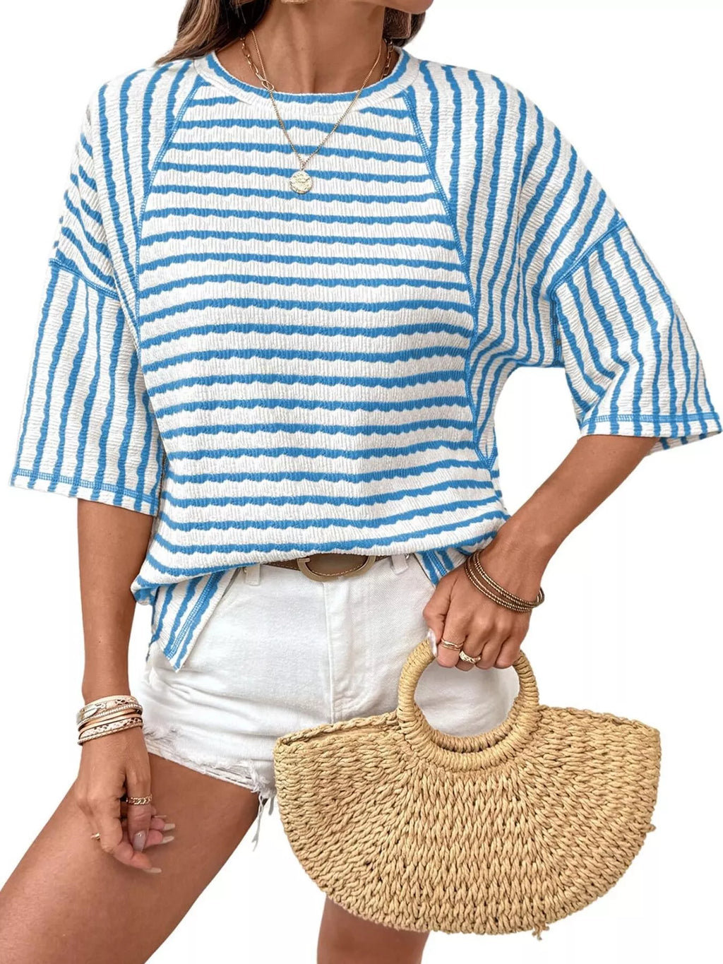 Casual Striped Raglan Sleeve Textured T-Shirt