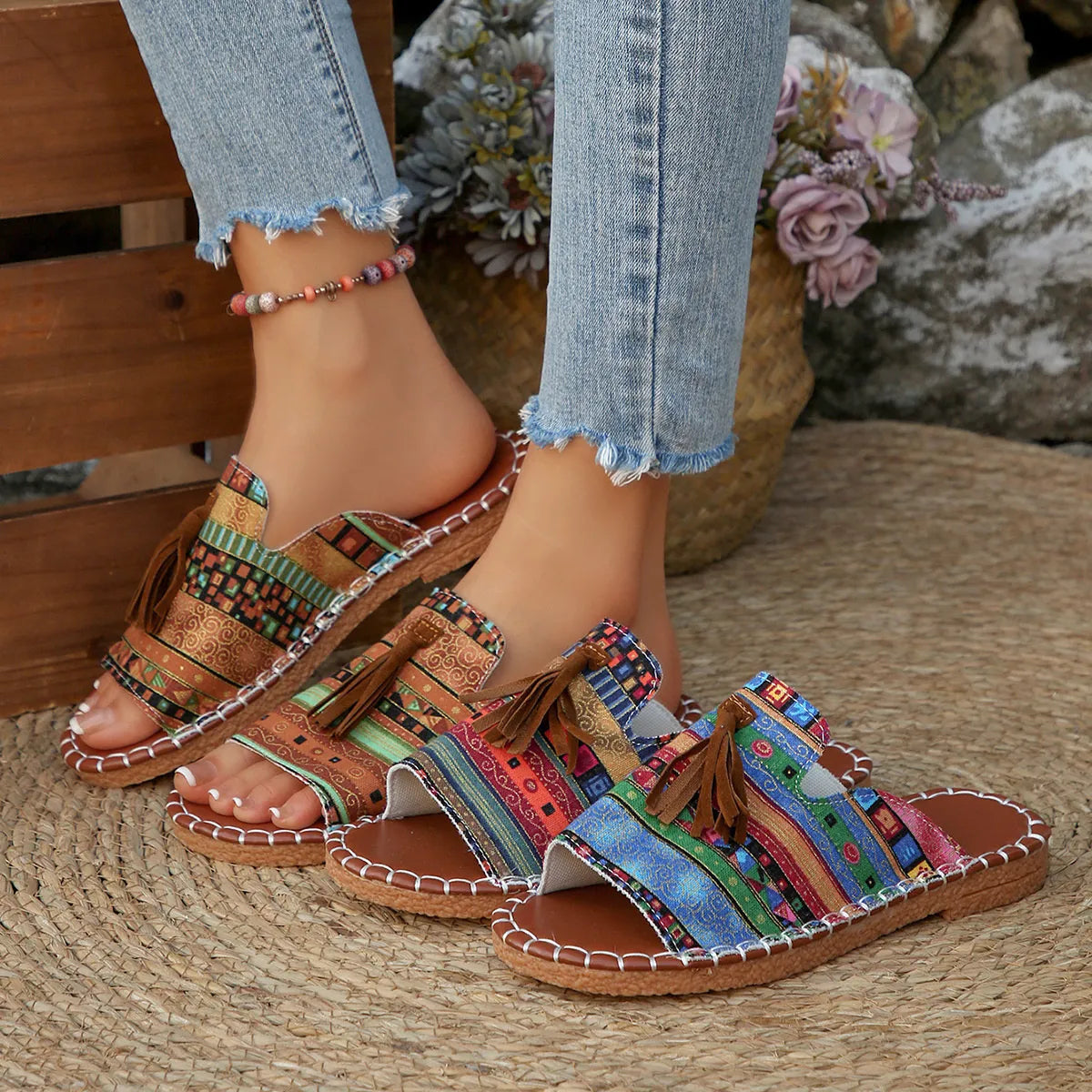 Printed Tassel Flat Sandals