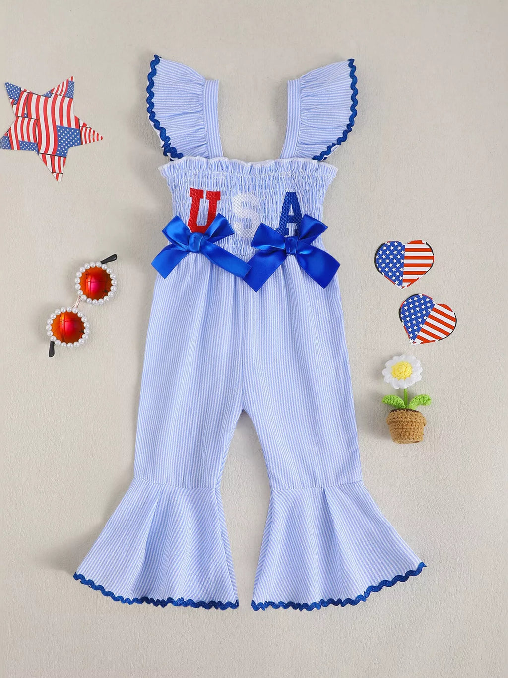 Children's USA Themed Ruffled Sleeve Smocked Jumpsuit