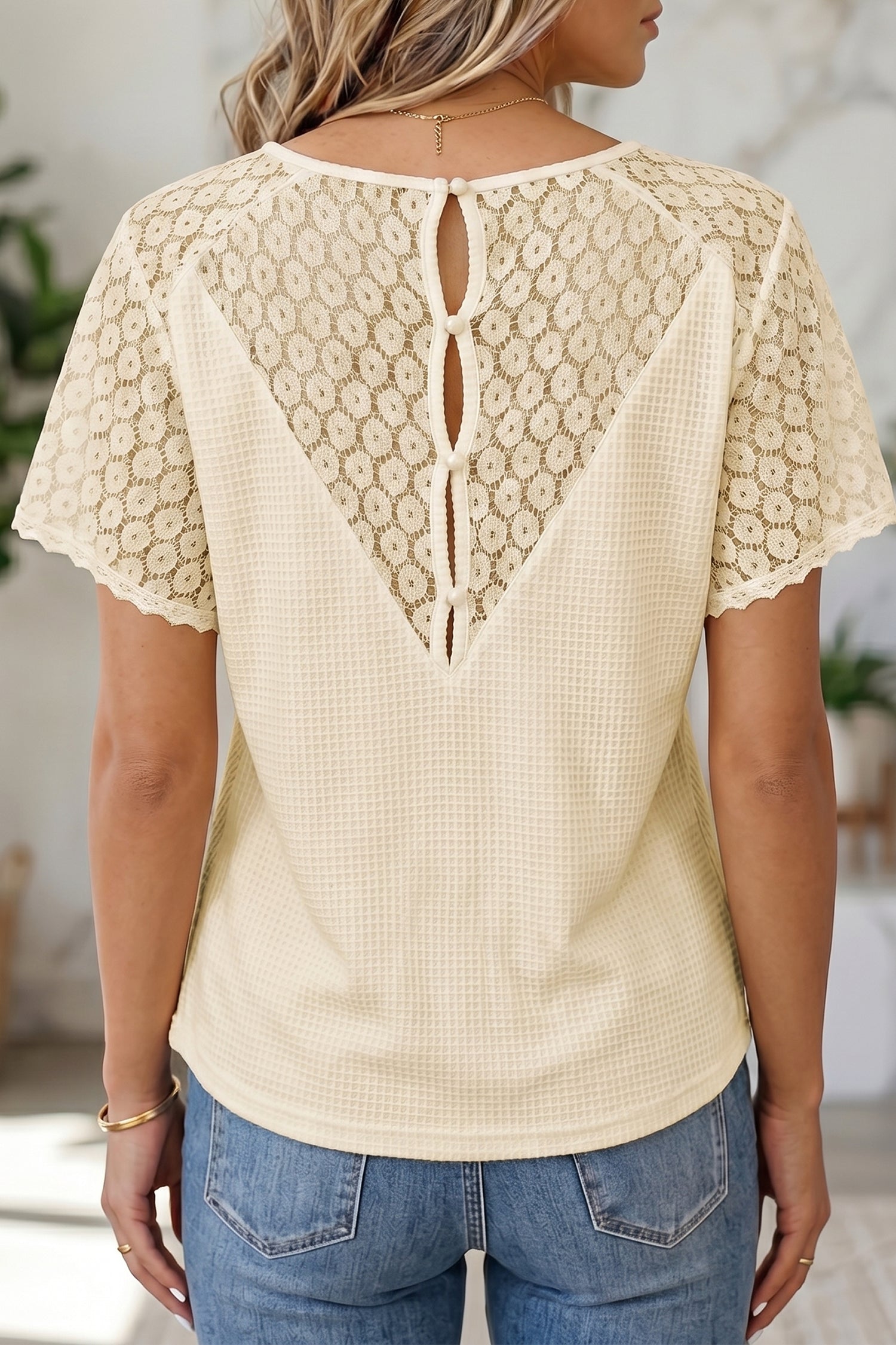Beige Lace Splicing Button Cutout V Neck Waffle Knit Blouse