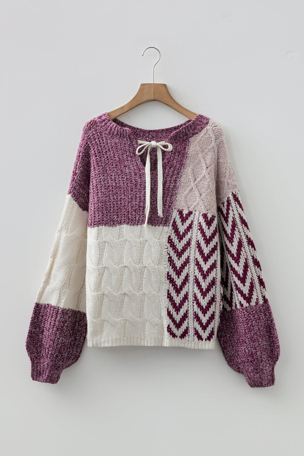Colorblock Cable Knit Patchwork Tied Back Sweater