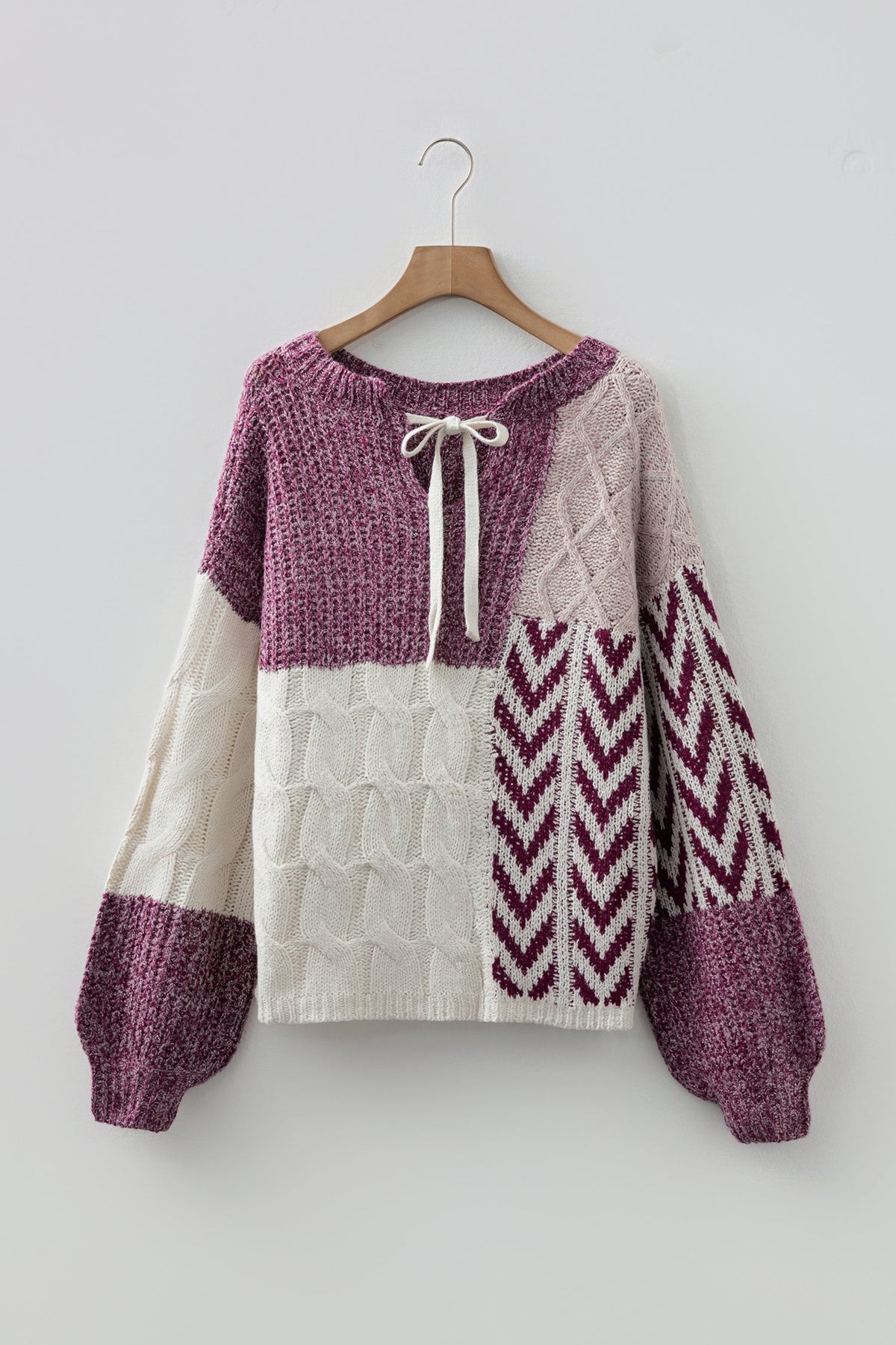 Colorblock Cable Knit Patchwork Tied Back Sweater