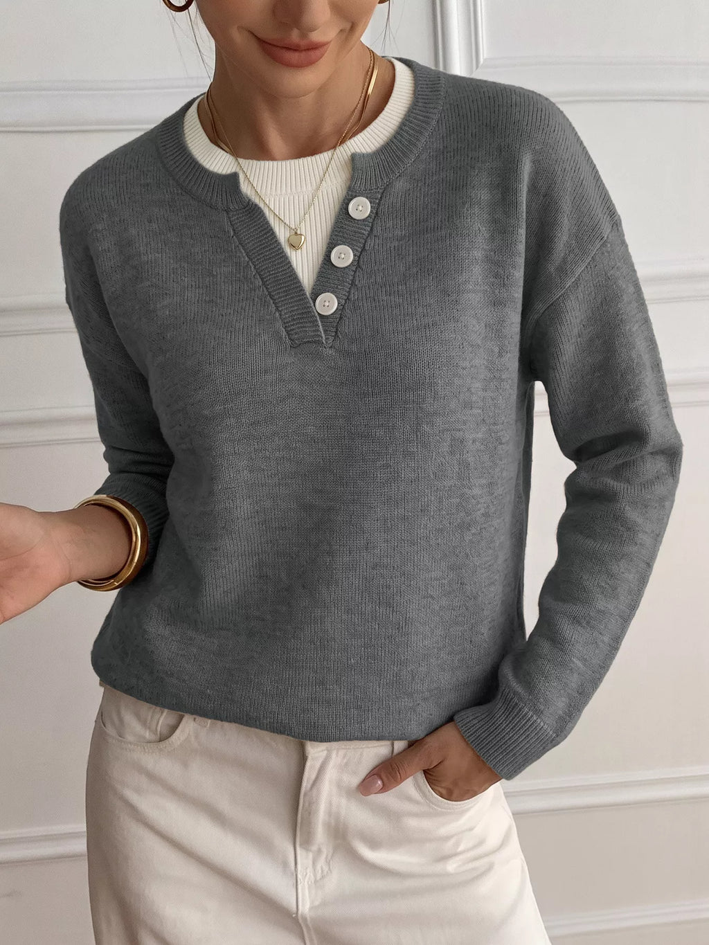 Dropped Shoulder Decorative Button Sweater