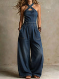 Full Size Wide-Leg Crisscross Denim Jumpsuit Plus Size