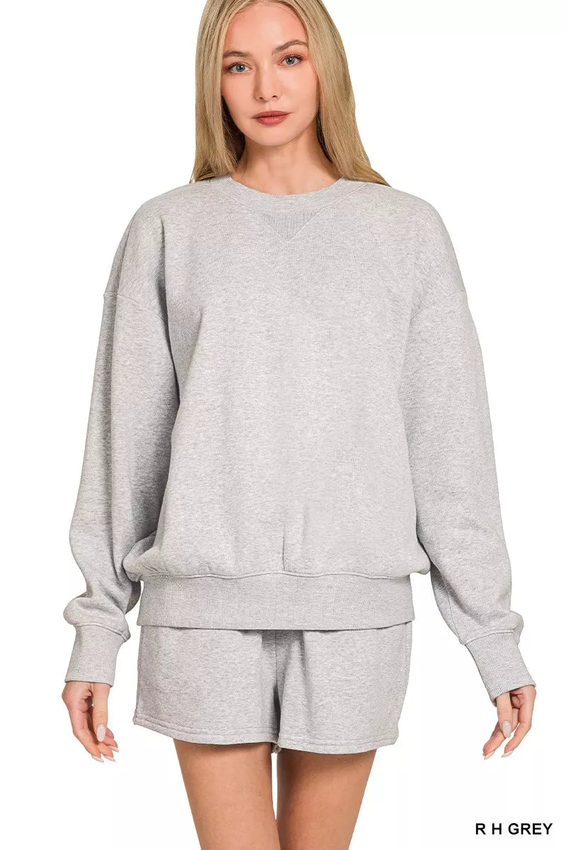 Fleece Long Sleeve Crew Neck Sweatshirt and Drawstring Shorts Set