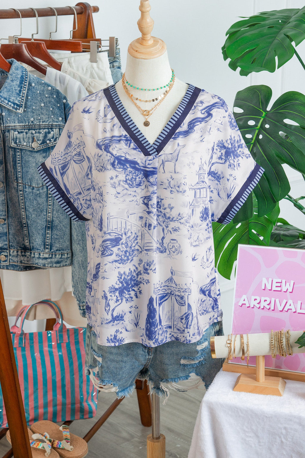 Blue Wild Animal Paradise Striped Trim V Neck Short Sleeve Blouse