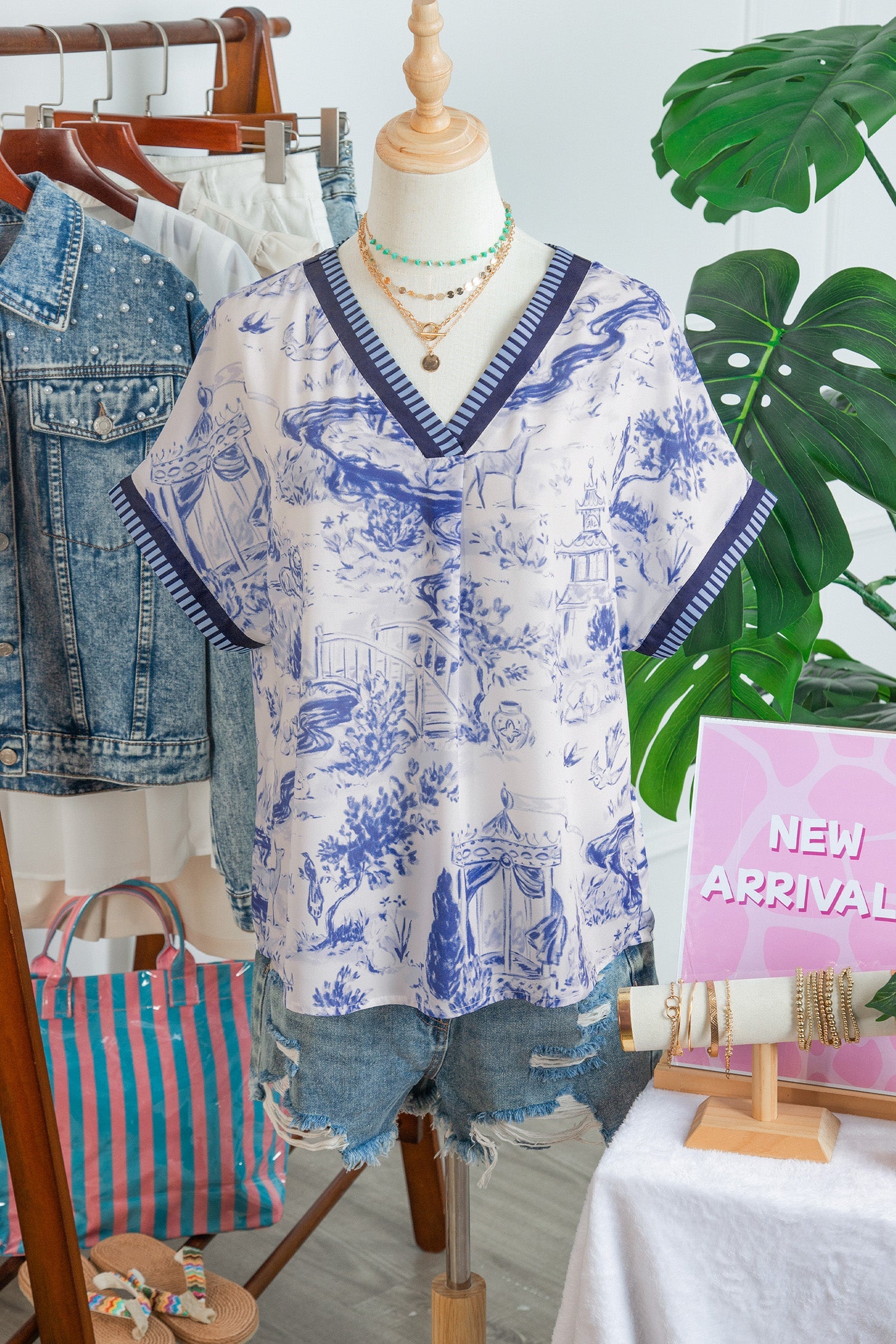 Blue Wild Animal Paradise Striped Trim V Neck Short Sleeve Blouse