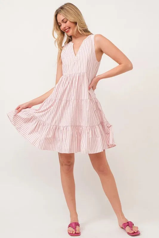 Striped Sleeveless V-Neck Tiered Mini Dress
