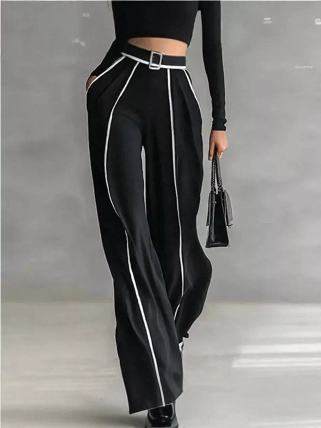 Turtleneck Long Sleeve Top and Contrast Pants Set